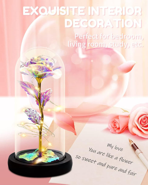 Galaxy Rose Flower for Women, Rainbow Forever Light Up Rose in A Glass Dome